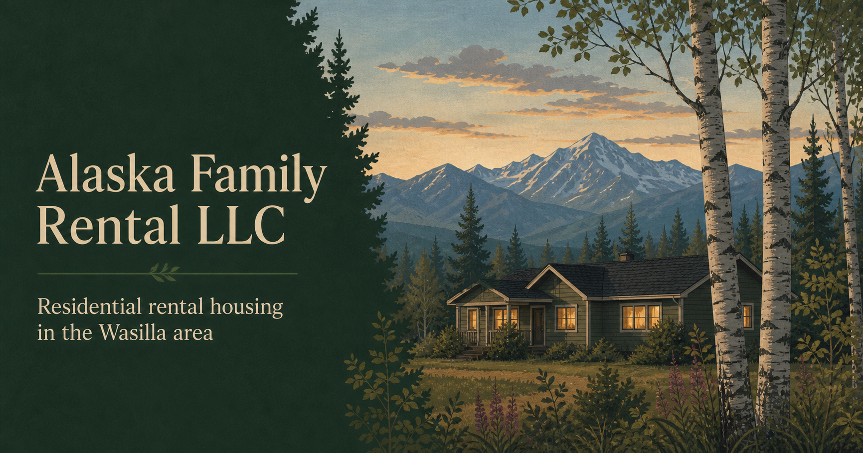 Generic illustrated Alaska home among birch trees and distant mountains